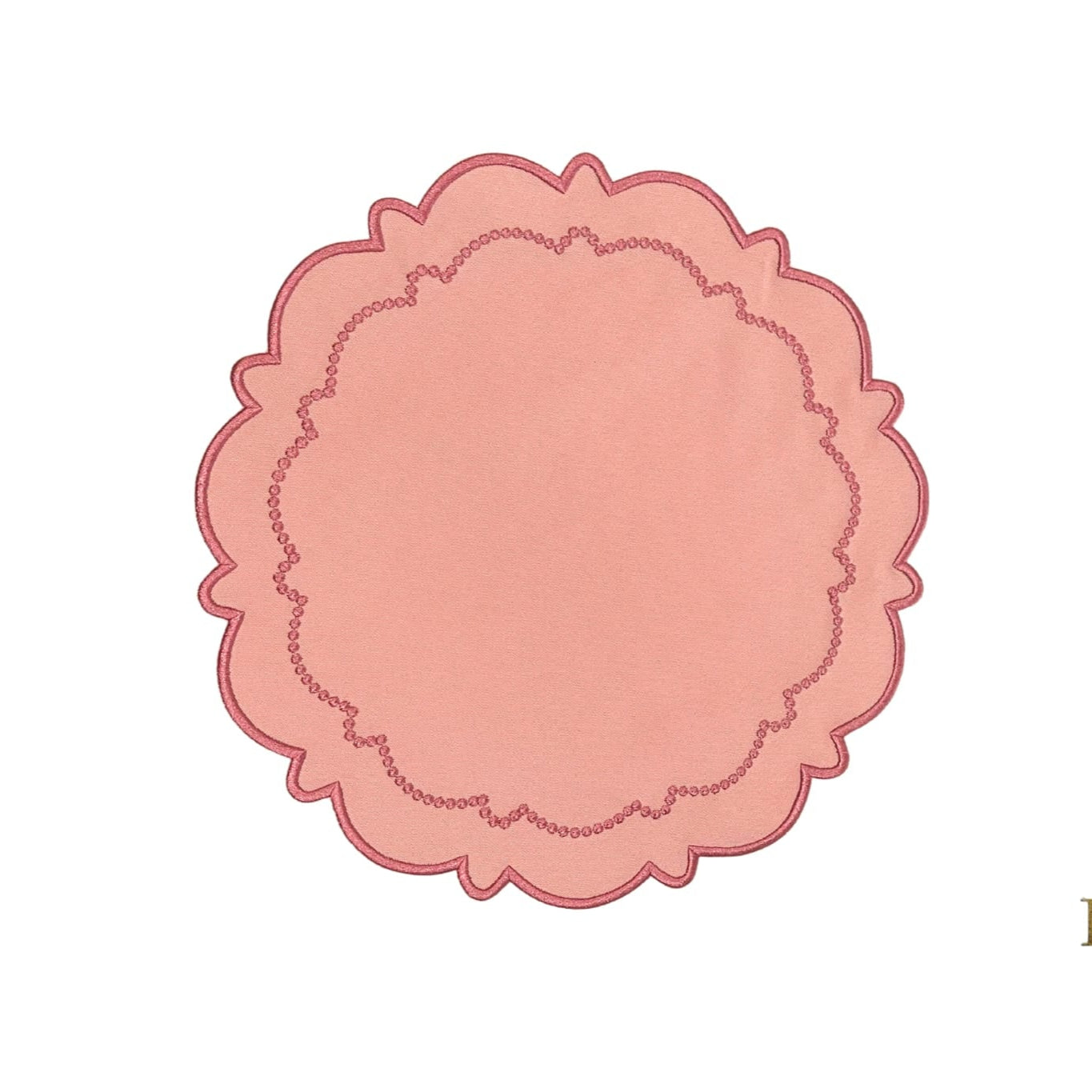 Harmony Pink Round Fabric Placemat, cotton blend with scalloped edges and dotted inner stitch.