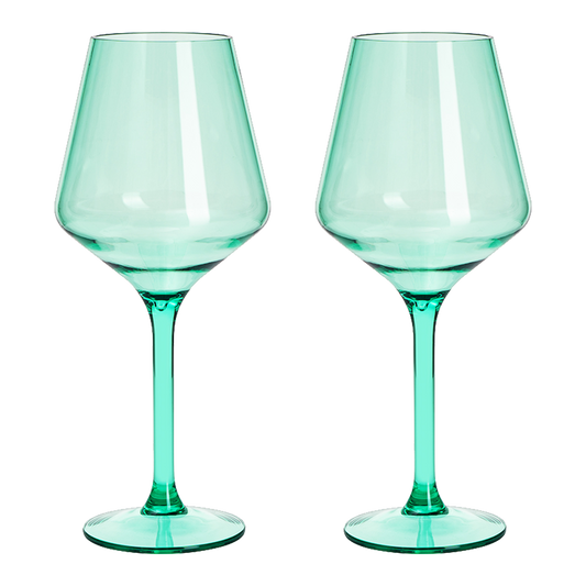 Set of 2 green floating pool wine glasses, 15 oz, shatterproof Tritan stemware for outdoor use.