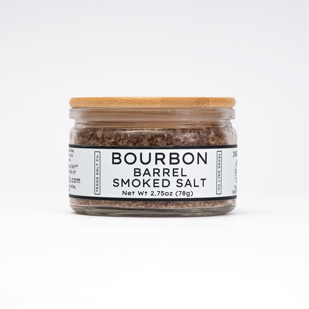 Bourbon Barrel Smoked Salt jar with white label, 78 g, award-winning flavor from bourbon barrel smoking.