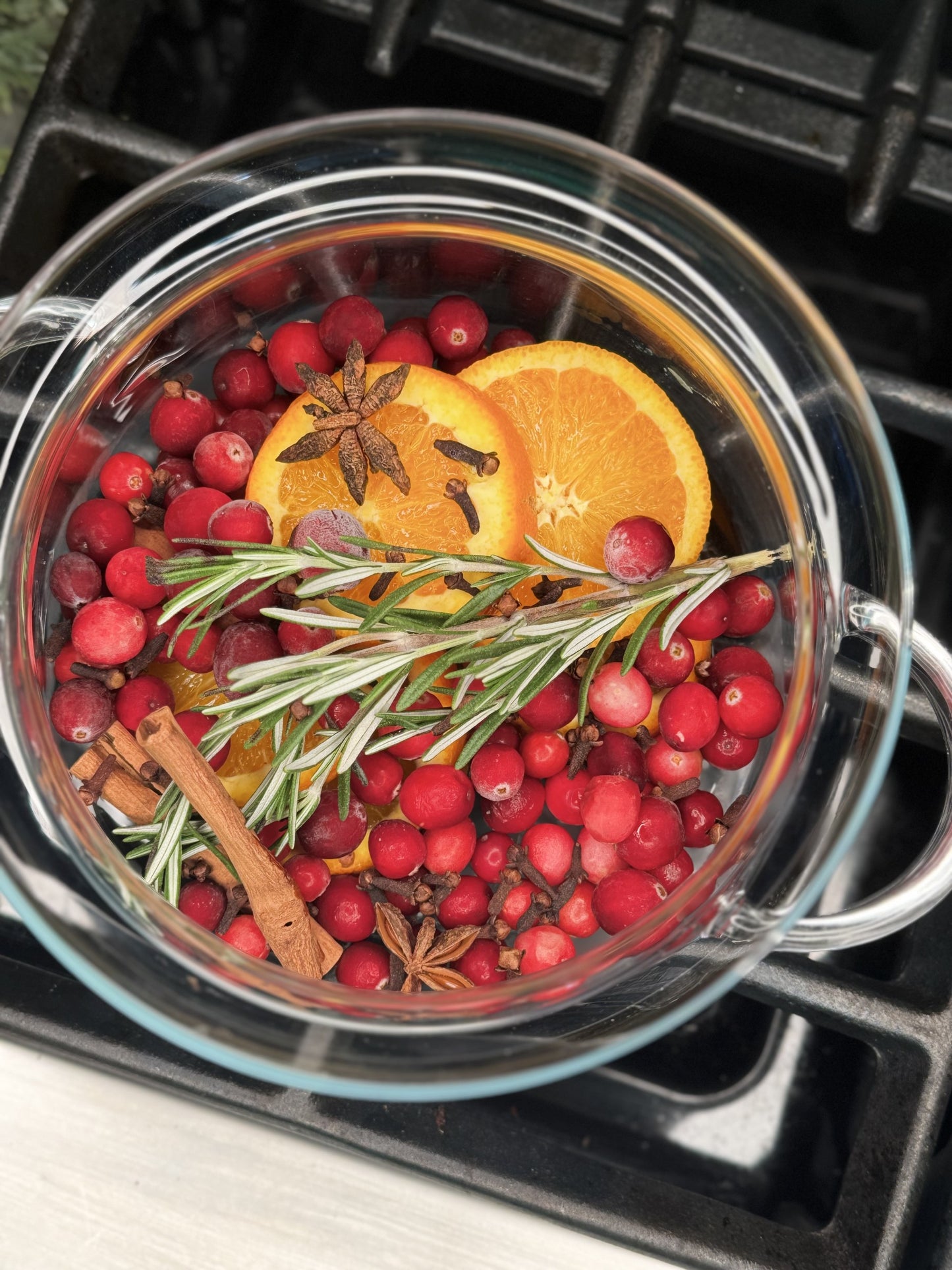 1.5 Liter clear glass simmer pot with lid filled with orange slices, rosemary, cranberries, cinnamon and star anise.