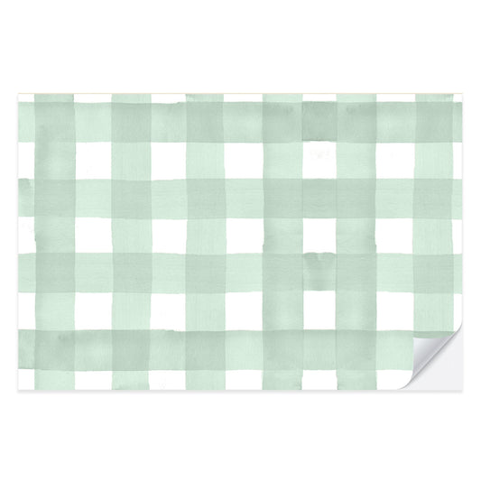 Light green watercolor gingham paper placemat pad with peelable corner for easy tear-off sheets.